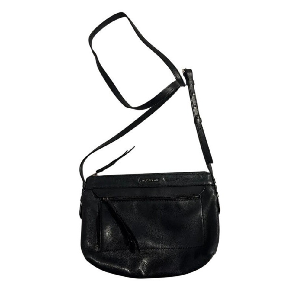 Cole Haan Crossbody Bag Black Leather Zip Front Pocket Adjustable Strap